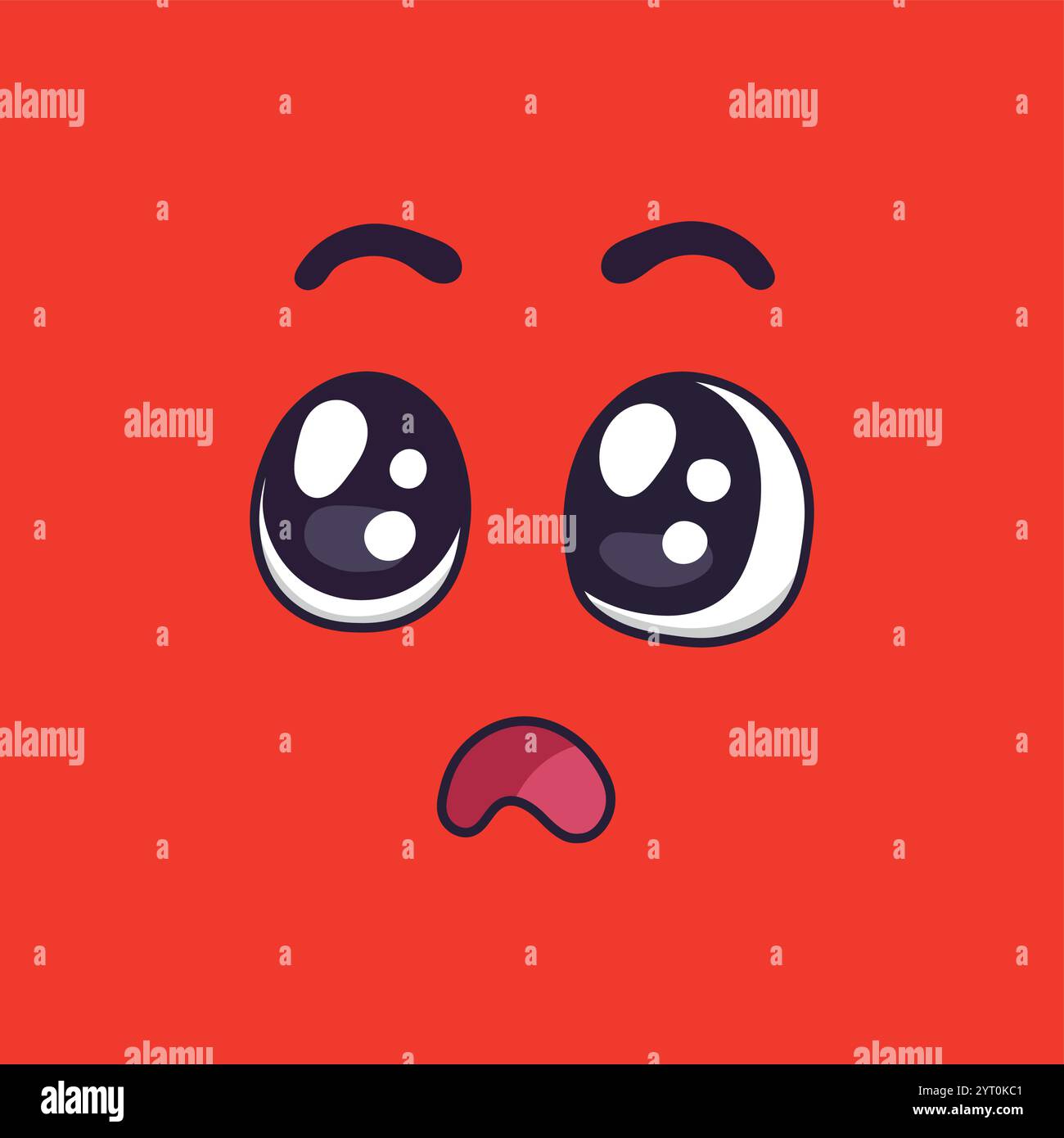 Große Cartoon-Augen, die Überraschung mit leicht erhöhten Augenbrauen und kleinem offenen Mund ausdrücken, vermitteln Staunen und Staunen auf einem leuchtenden Rot Stock Vektor