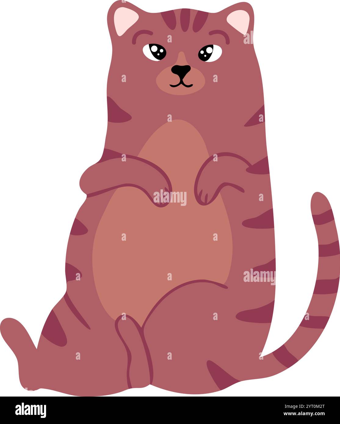 Cartoon-Illustration mit einer niedlichen, molligen Katze, die bequem mit erhobenen Pfoten sitzt und stolz ihren runden Bauch vor einem sauberen weiß zeigt Stock Vektor