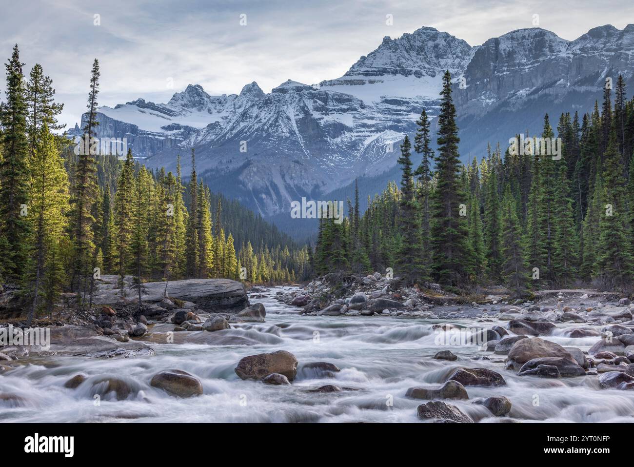Der Mistaya River in den Kanadischen Rocky Mountains, Alberta, Kanada. Herbst (Oktober) 2024. Stockfoto