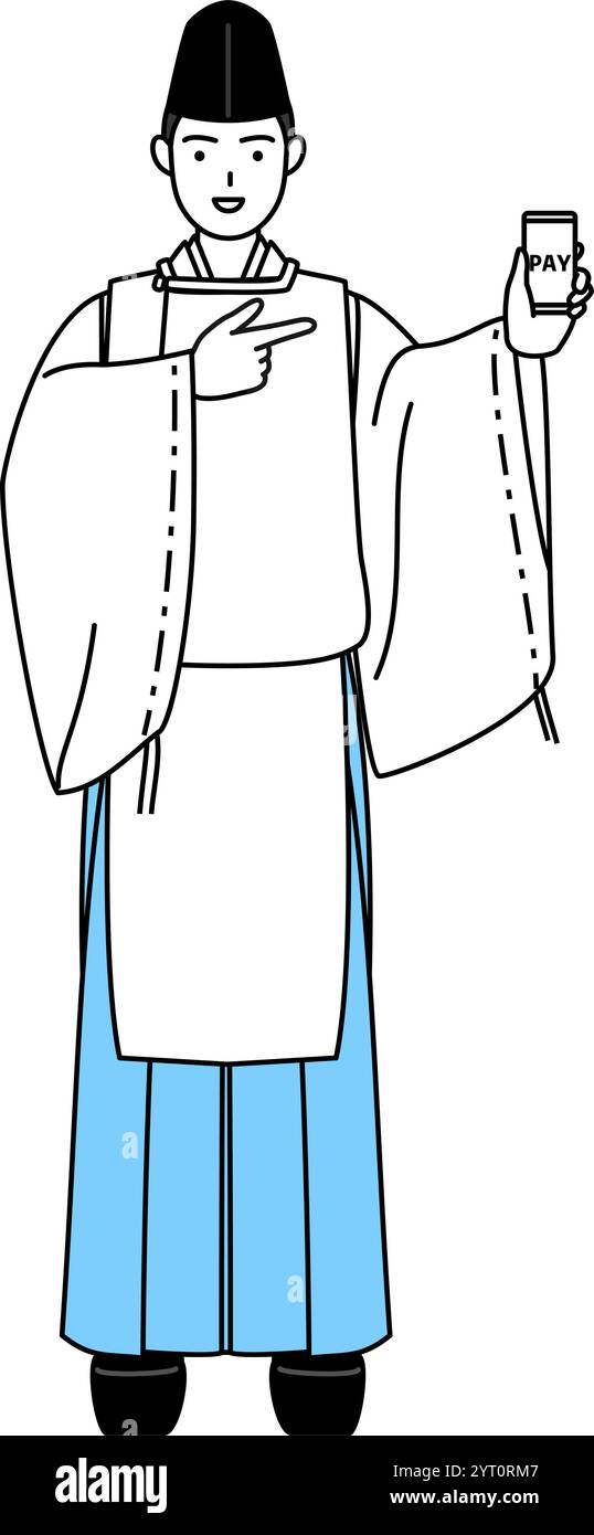 Priester des Schreins, trägt Eboshi und Kariginu, empfiehlt bargeldlose Online-Zahlungen auf einem Smartphone, Vector Illustration Stock Vektor