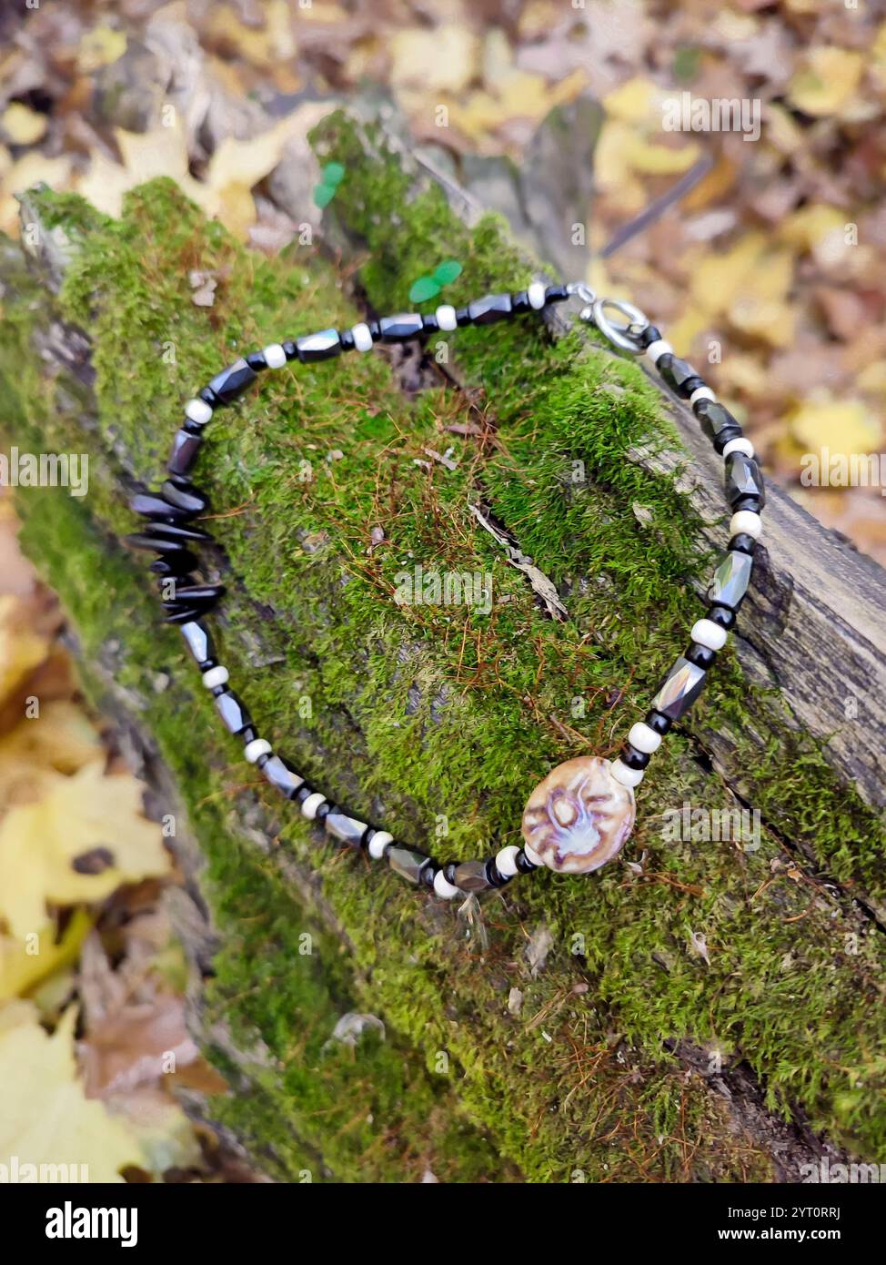 Halskette mit schwarzen Steinperlen auf Holzstämmen, bedeckt mit grünem Moos. Hämatit, Magnetit Halbedelstein Choker, unregelmäßige Form, Damenschmuck Stockfoto
