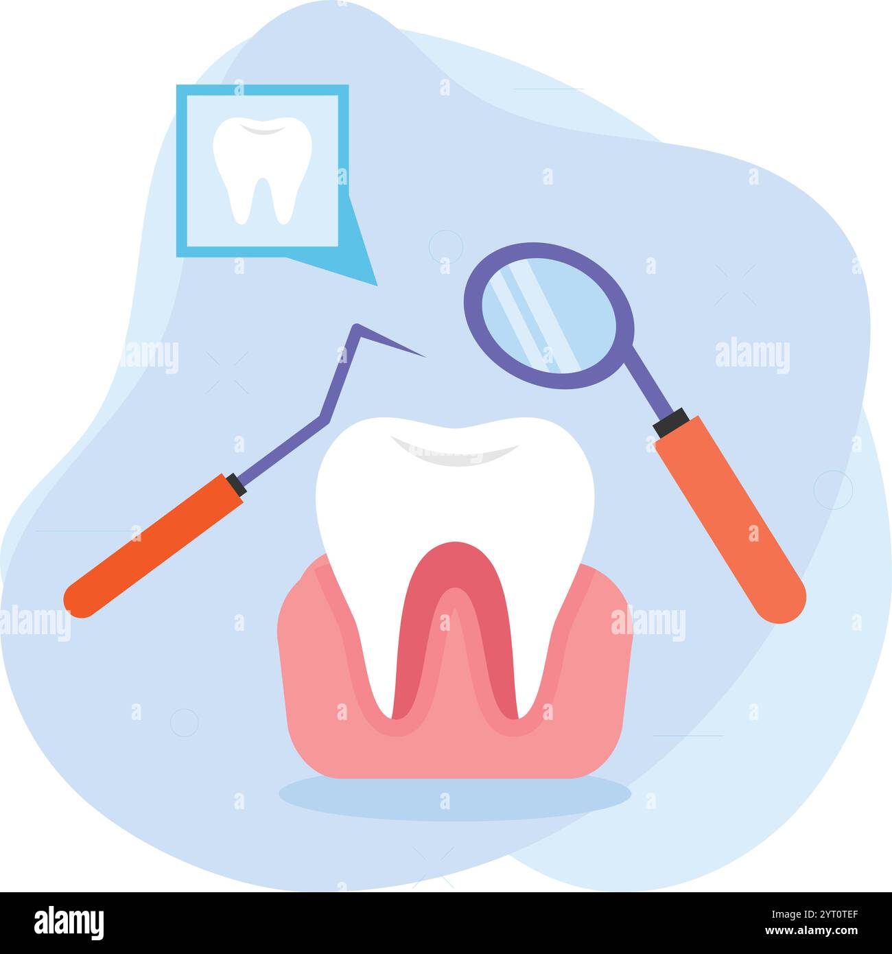Gingivitis-Untersuchung mit Mundspiegel Konzept, zart, verfärbt oder lose Zahn erforschen mit Sichelsonde Vektor Symbol Design, Zahnheilkunde Symbol, Gesundheit Stock Vektor