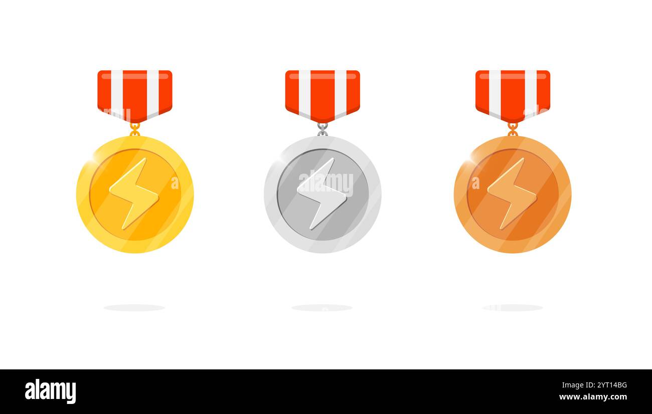 Glücksspiel Ehre Medaillenabzeichen mit leuchtendem Blitzsymbol. Gold-, Silber-, Bronze-Medaillons. Design-Element für die Benutzeroberfläche der Videospiel-App. Leader-Bonus und Gewinner-Place-Symbol-Kit Stock Vektor