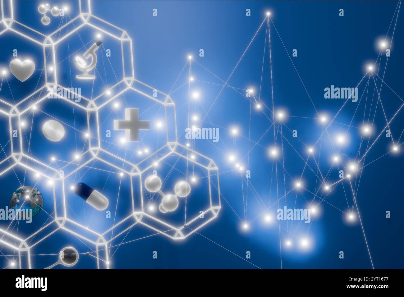Abstrakte Darstellung von Gesundheitswesen und Wissenschaft mit miteinander verbundenen Symbolen auf blauem Hintergrund. 3D-Rendering Stockfoto