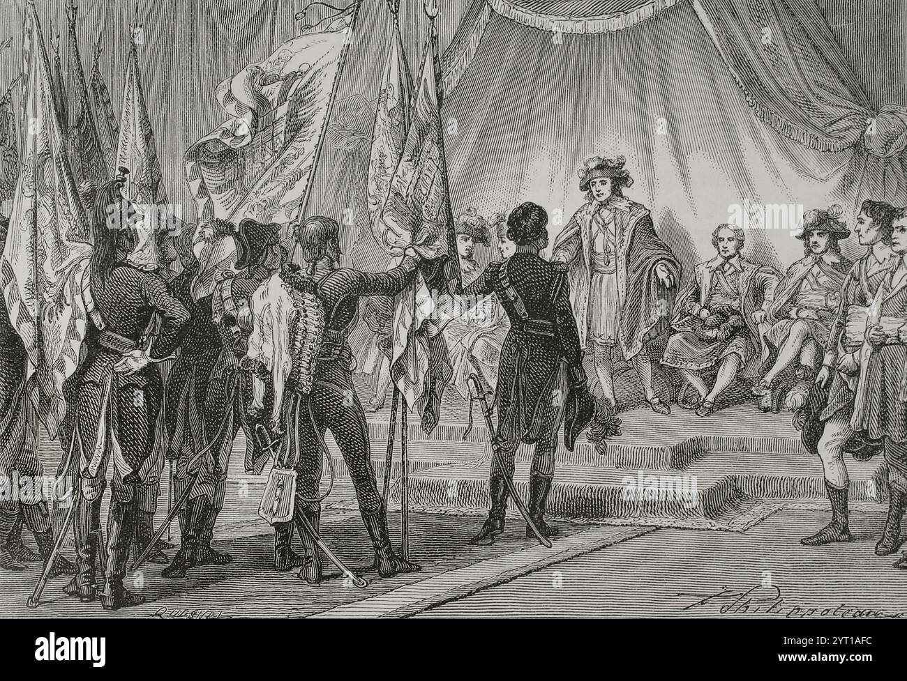 Französische Unabhängigkeitskriege (1792-1802). Joachim Murat (1767–1815) stellt dem Direktorium die Flaggen vor, die von der französischen Revolutionsarmee während Napoleons italienischem Feldzug (1796–1797) erobert wurden. Zeichnung von Philippoteaux. Gravur. "Geschichte der Französischen Revolution". Band I, Teil 2, 1879. Stockfoto
