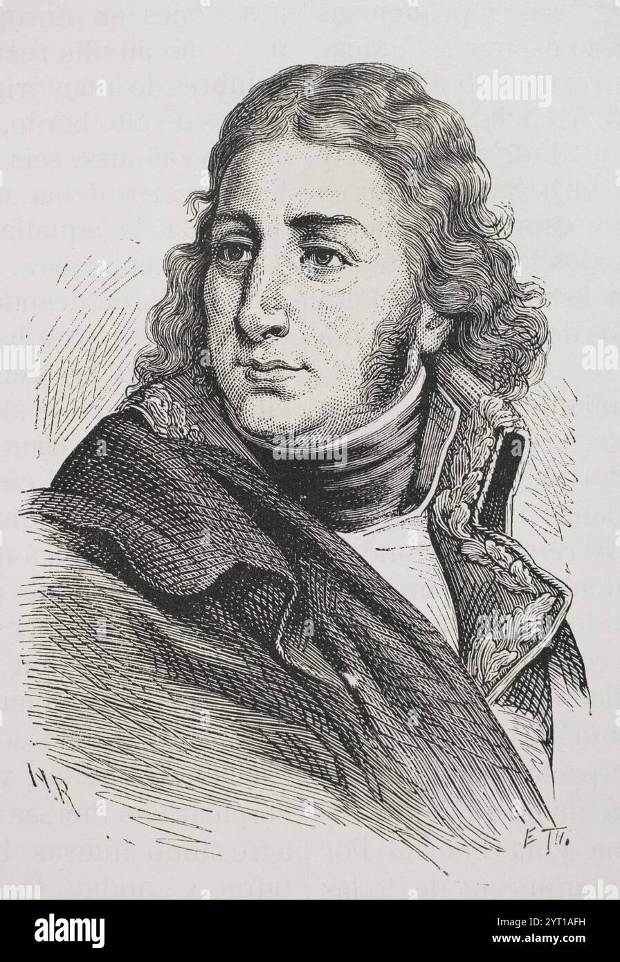 Pierre Francois Augereau (1757-1816). Französisch allgemein. Marschall des Reiches 1804. Herzog von Castiglione. Hochformat. Gravur. "Geschichte der Französischen Revolution". Band I, Teil 2, 1879. Stockfoto