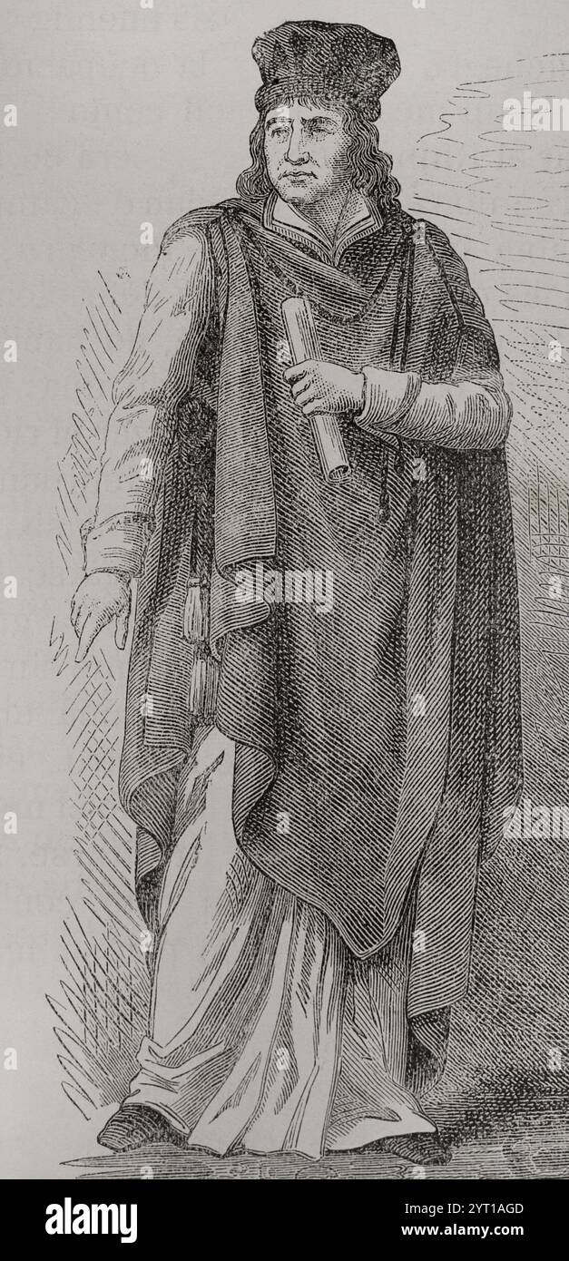 Französische Revolution (1789-1799). Rat der Fünfhundert. Französische untere Legislativkammer des Direktoriums (1795-1799), eingerichtet durch die Verfassung des Jahres III (1795). Mitglied des Rates der Fünfhundert. Gravur. "Geschichte der Französischen Revolution". Band I, Teil 2, 1879. Stockfoto