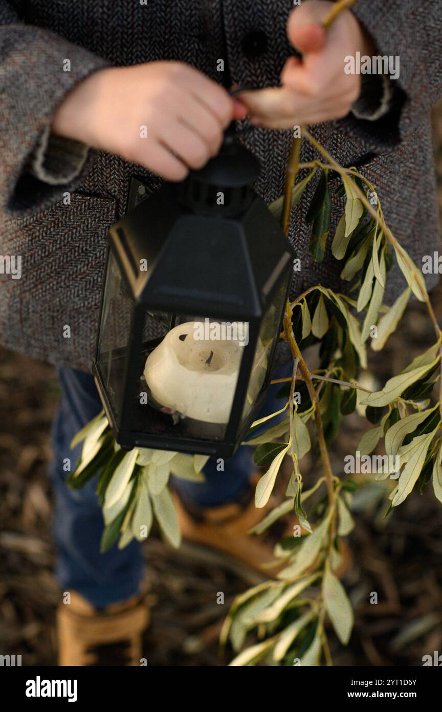 Junge in einem Baumtunnel mit Licht Stockfoto