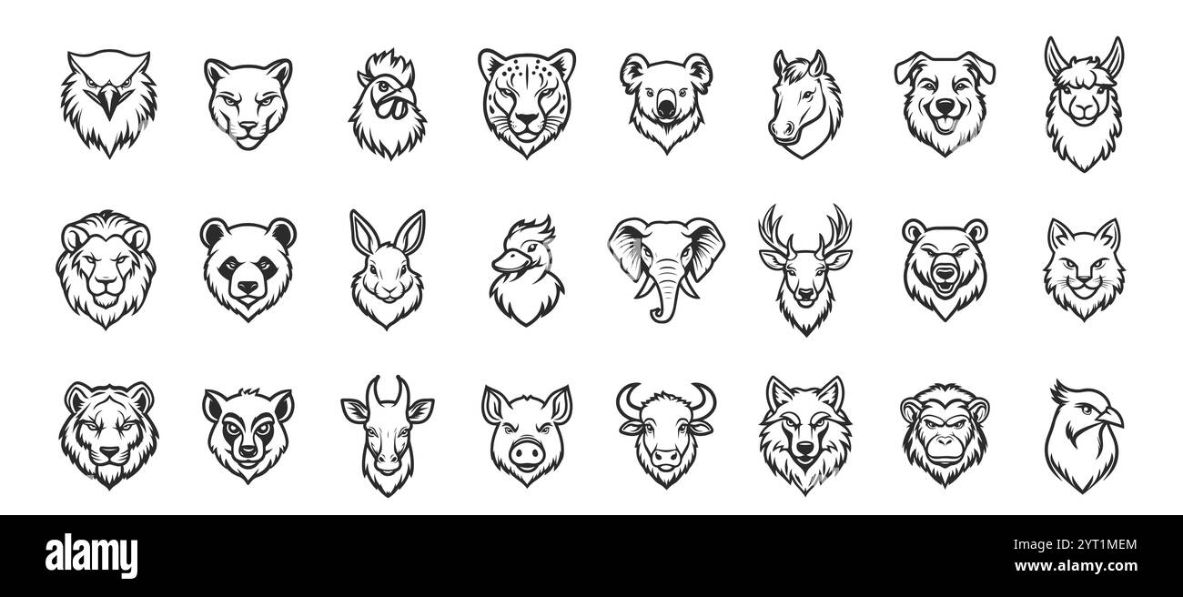 Symbolset für Tiergesicht. Lustige Sammlung Kopf Cartoon Säugetier und Zeichnung Zoo oder Bauernhof Charakter isolierte weiße Vektor Illustration Stock Vektor