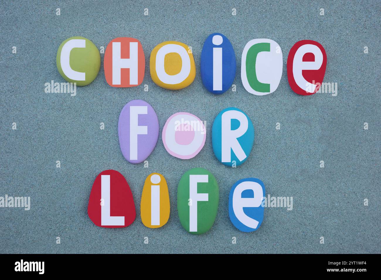 „Choice for Life“, kreativer sozialer Slogan mit mehrfarbigen, handbemalten Steinbuchstaben über grünem Sand Stockfoto