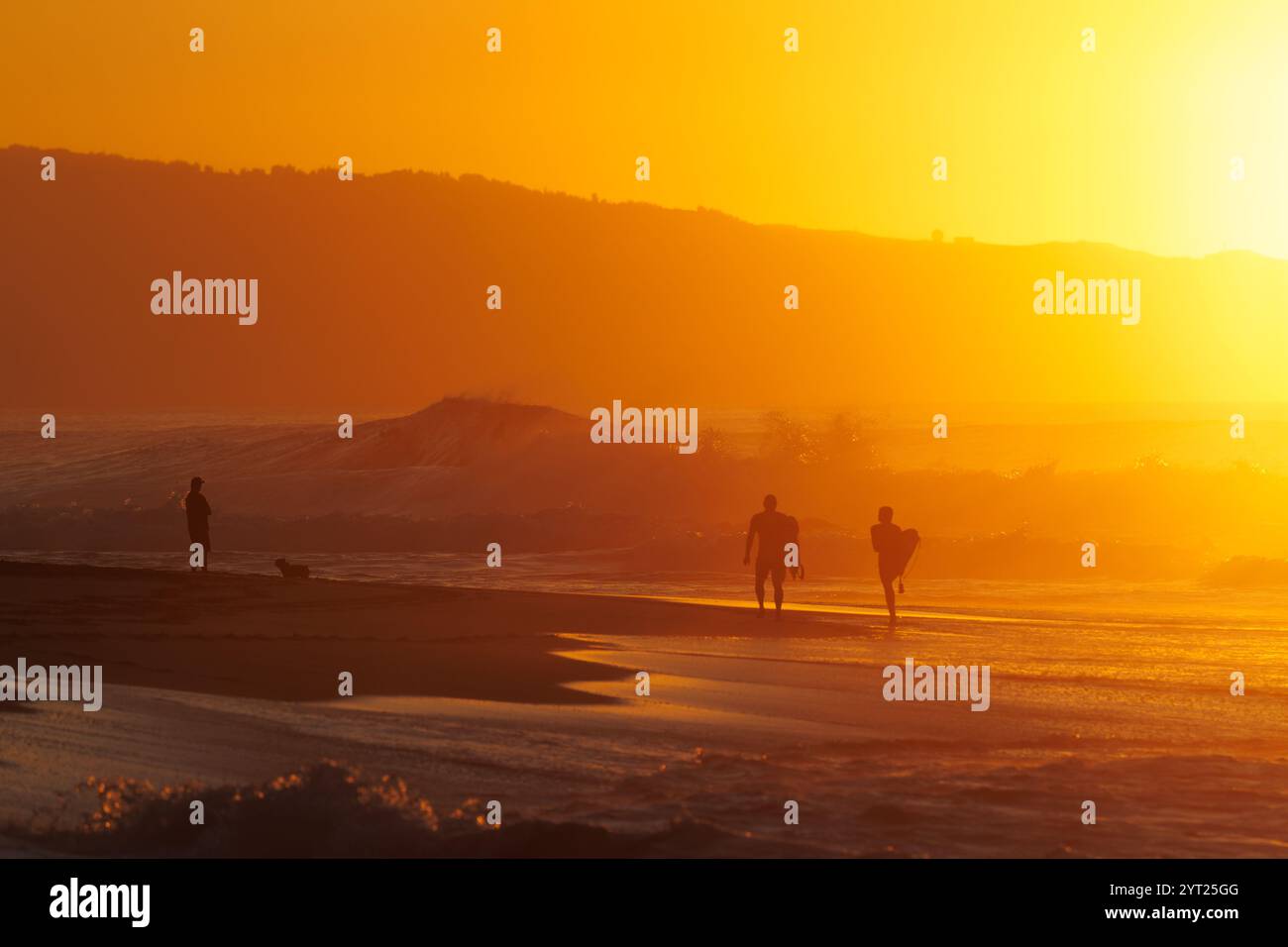 Dezember 2024. Ehukai Beach Park, HI. Zwei Surfer und eine Person mit einem Hund spazieren am Strand bei Sonnenuntergang an der Nordküste von Oahu, HI. Stockfoto