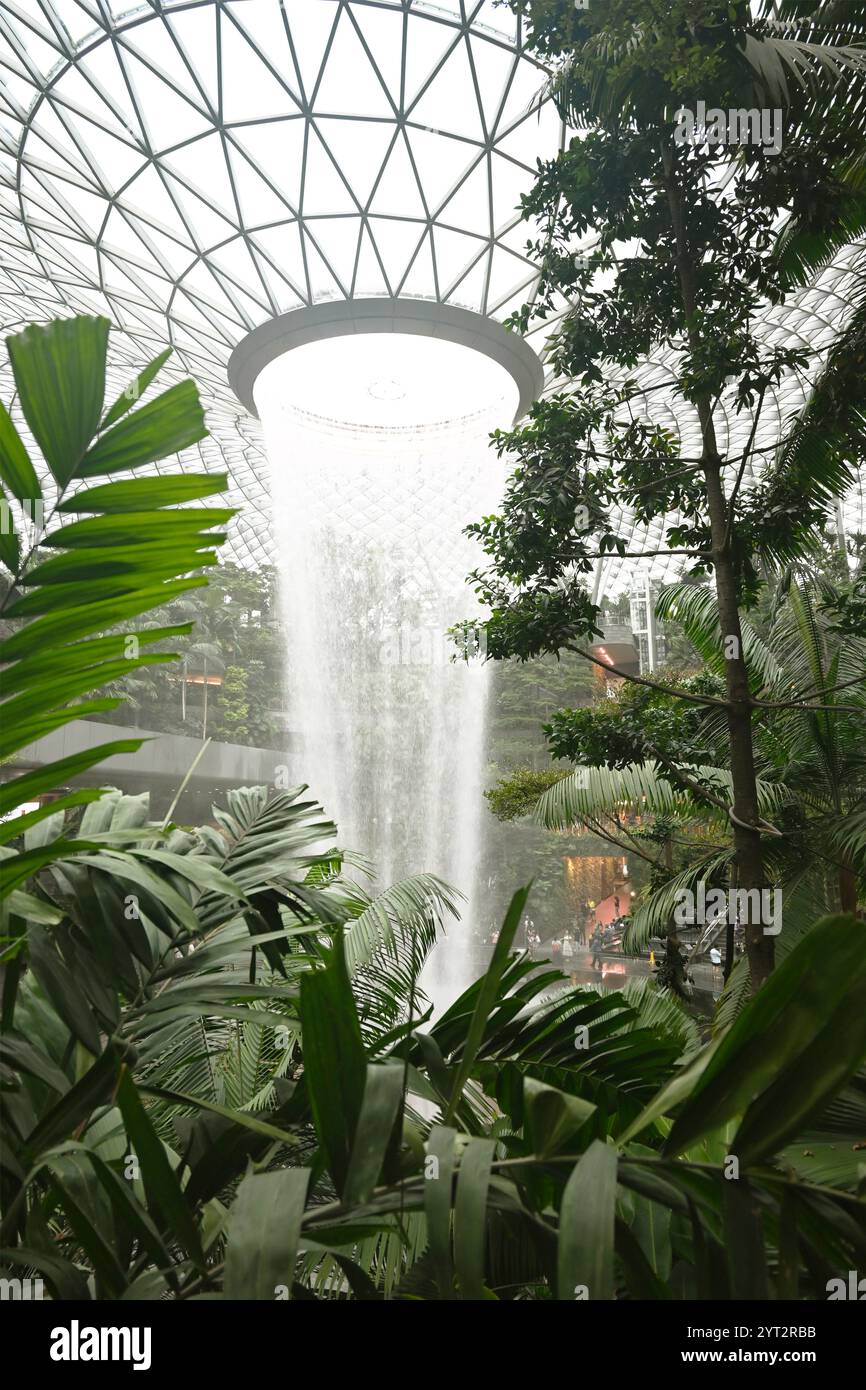 Indoor-Wasserfall inmitten üppiger Vegetation im modernen Glass Dome am Flughafen Singapur Changi Stockfoto