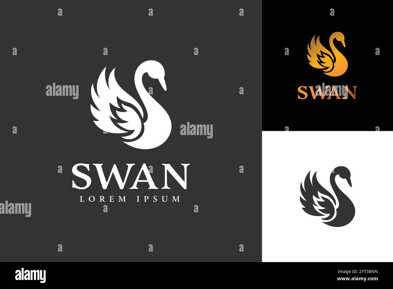 Das Bild zeigt ein stilisiertes Schwan-Logo in drei Farbschemata: Weiß, Schwarz und Gold, das Optionen für das Branding bietet. Stock Vektor