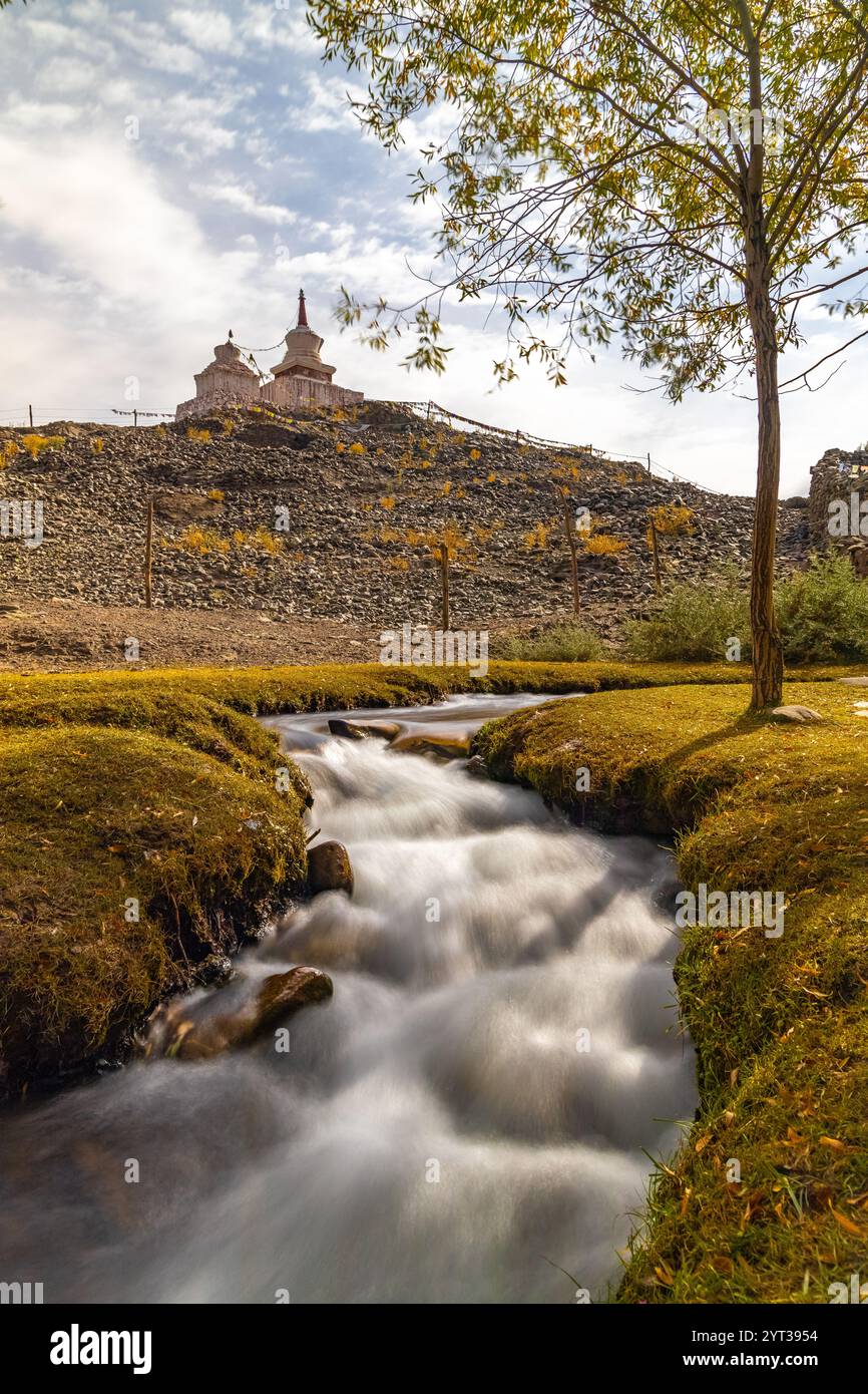 Eine lange Exposition eines Baches mit Wasser, das während der Herbstsaison bergab fließt. Stockfoto