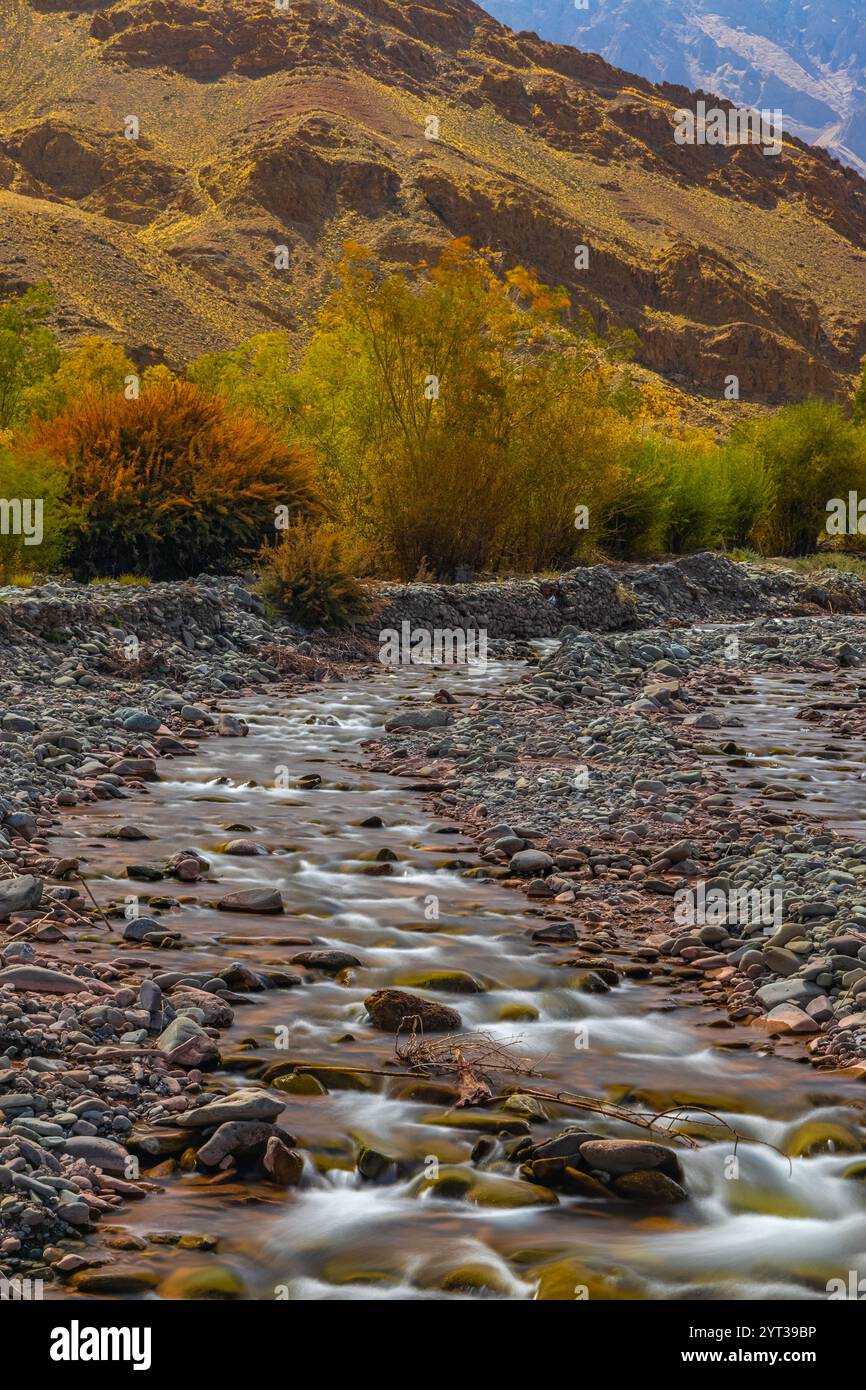 Lange Exposition von Wasser, das flussabwärts vom Berg fließt, während der Herbstsaison. Stockfoto