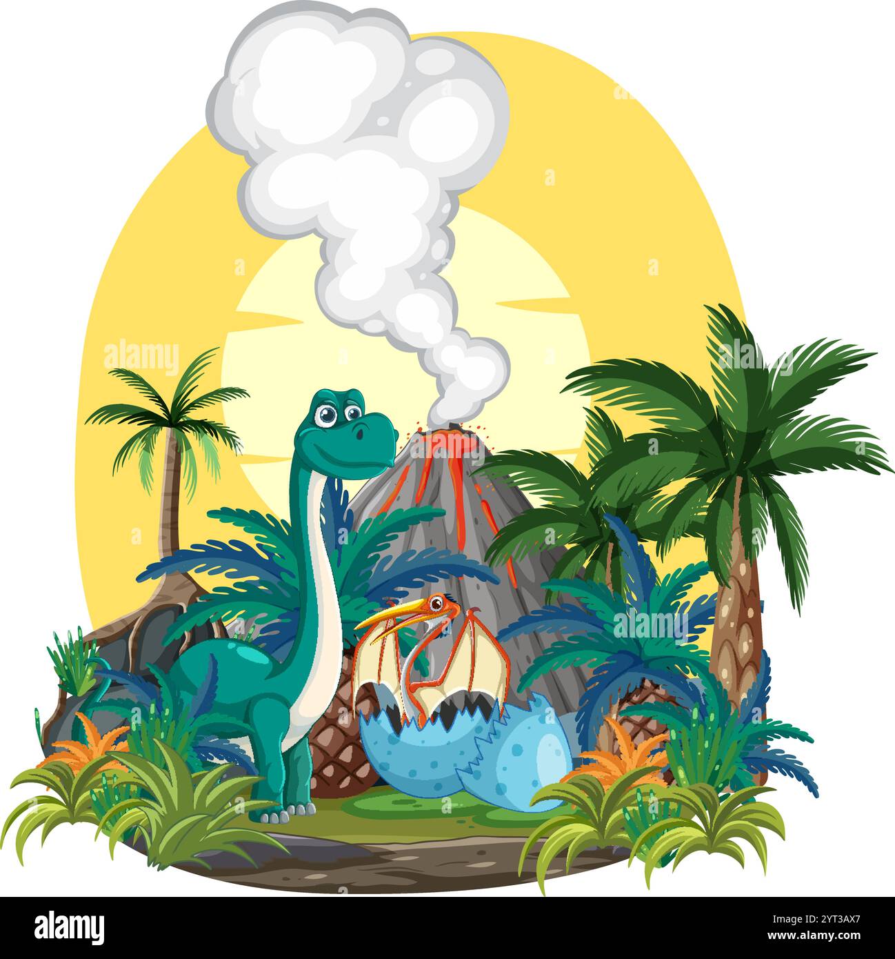 Dinosaurier in der Nähe eines Vulkans und Palmen Stock Vektor