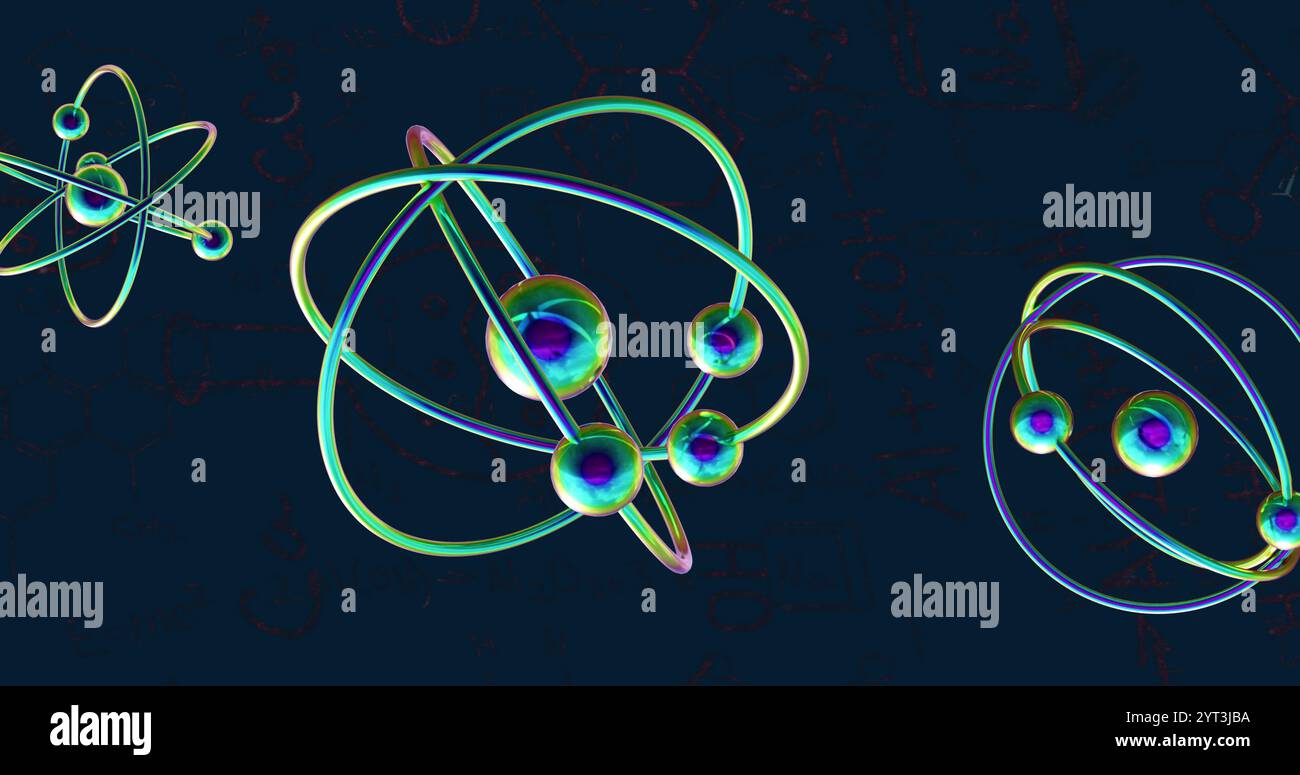 Bild von Molekülen, die sich auf schwarzem Hintergrund bewegen Stockfoto