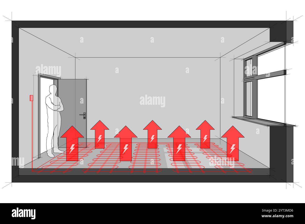 Diagramm eines mit elektrischer Fußbodenheizung beheizten Zimmers mit Tür und großem Fenster und stehendem Mann in der geöffneten Tür Stockfoto