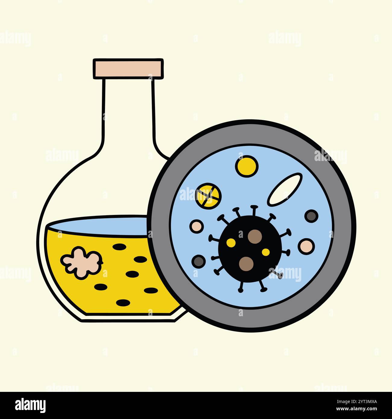 Wissenschaftliche Vektor-Illustration des Laborkolbens und mikroskopische Ansicht von Mikroorganismen Stock Vektor