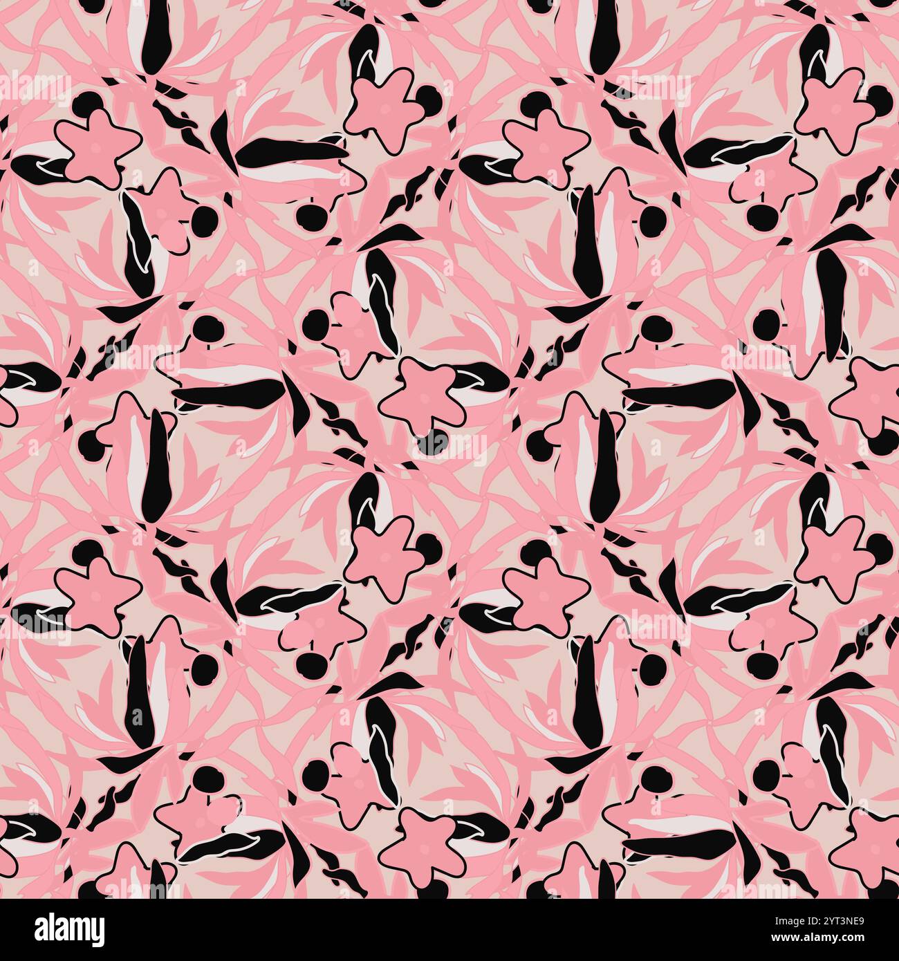 Dieses lebhafte Design zeigt eine komplexe Anordnung von Blumen und organischen Formen in Schwarz vor einem weichen rosa Hintergrund, ideal für Textilien. Stock Vektor