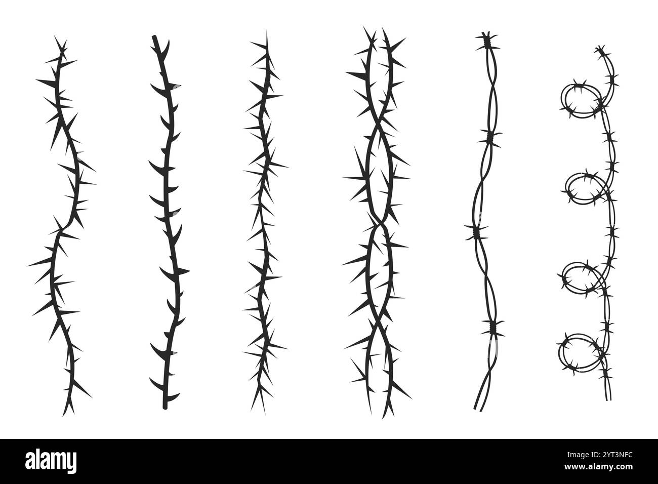 Thorn Stab Rebpflanze mit Stacheln einfacher Rand y2k gruseliger Zweig. Tätowierung mit Stacheldraht. Begrenzungsrahmen. . Vektorabbildung Stock Vektor