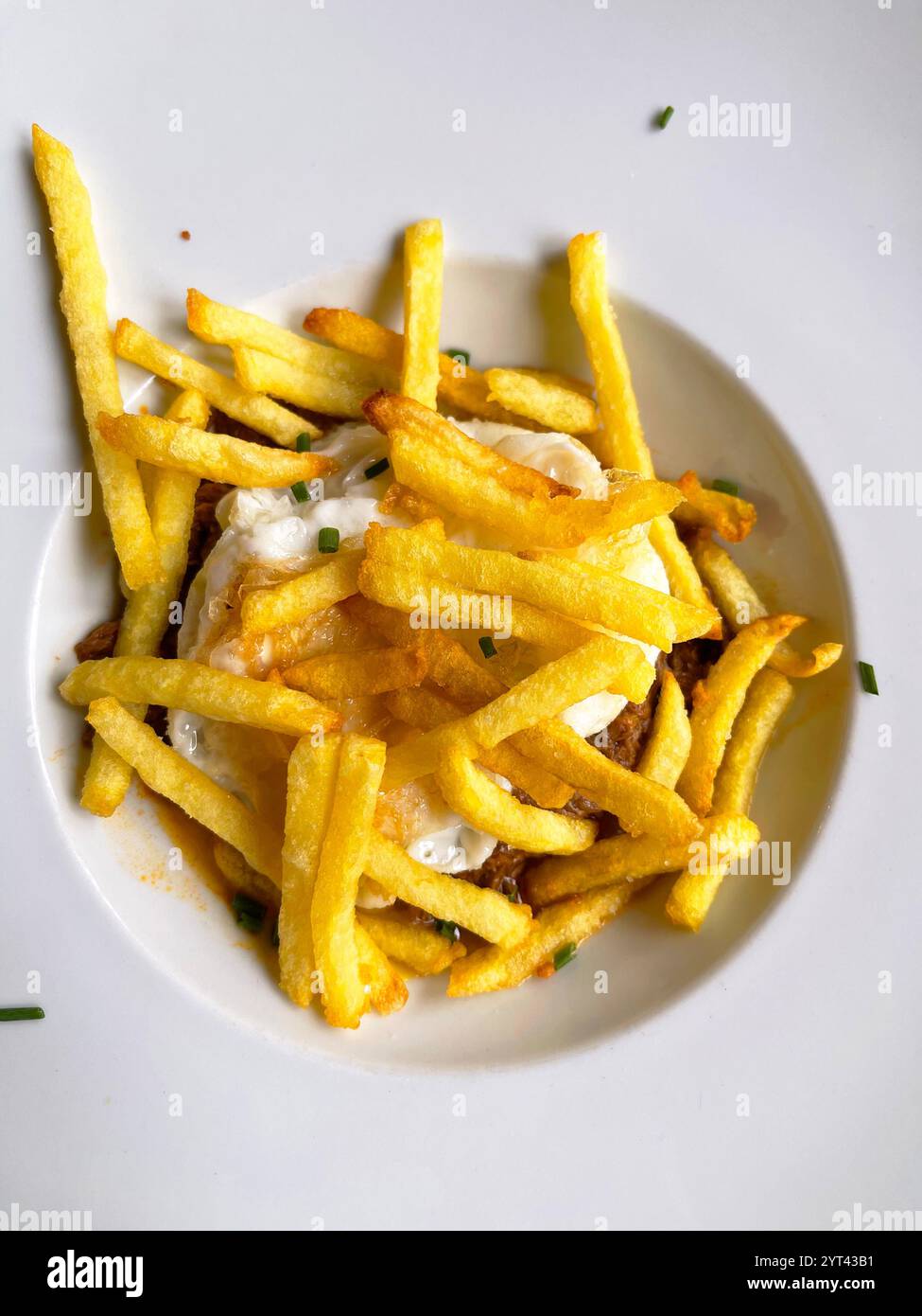 Spiegelei mit Pommes frites. Spanien. Stockfoto