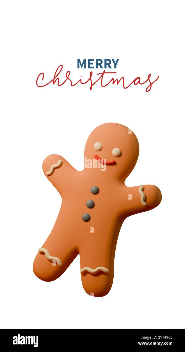 Fröhliche 3D-Lebkuchenmann-Illustration mit Zuckerglasdetails und einer festlichen Weihnachtsbotschaft, perfekt, um Wärme und Freude im Urlaub zu wecken Stock Vektor