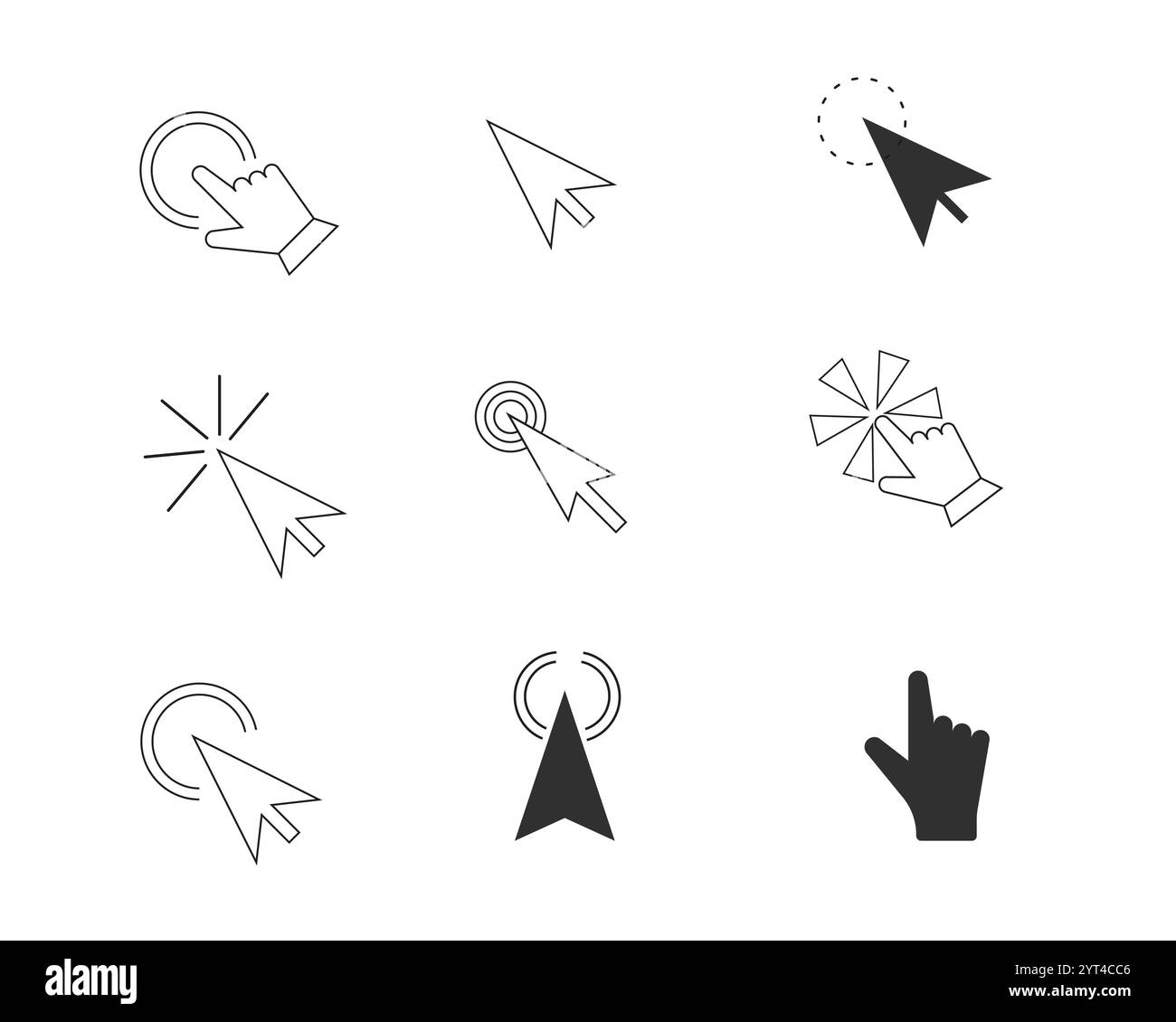 Klicken Sie mit der Maus auf Cursor, Symbol für Zeigereinstellung und Schaltfläche für die Linienauswahl. Klicken Sie hier, und drücken Sie ui-Anzeige. UX-ui-Designelement. Wischen-Geste, Navigation. Vektorabbildung Stock Vektor
