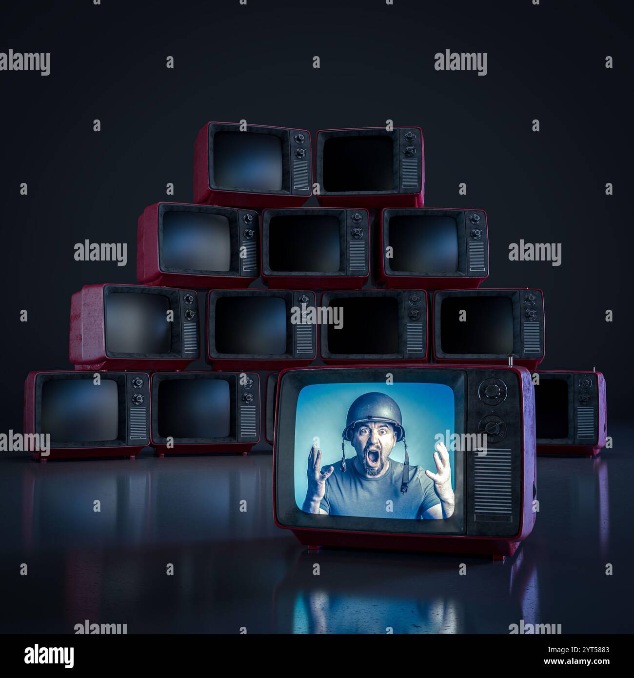 Ein Soldat, der verzweifelt aus dem Retro-Fernsehen schreit Stockfoto