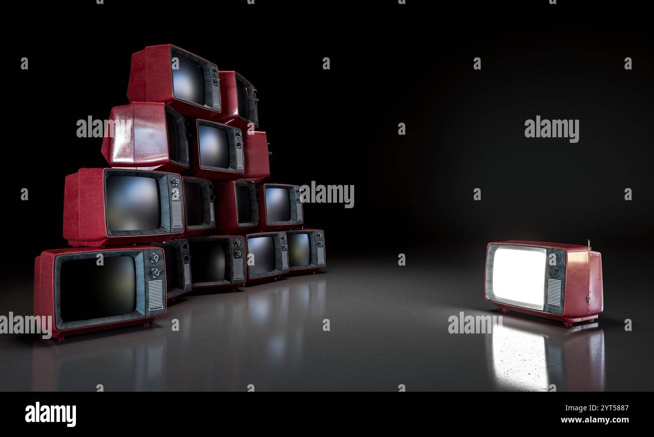 Viele rote Vintage-Fernseher stapelten sich zusammen und repräsentieren den Einfluss der Massenmedien 3D Stockfoto