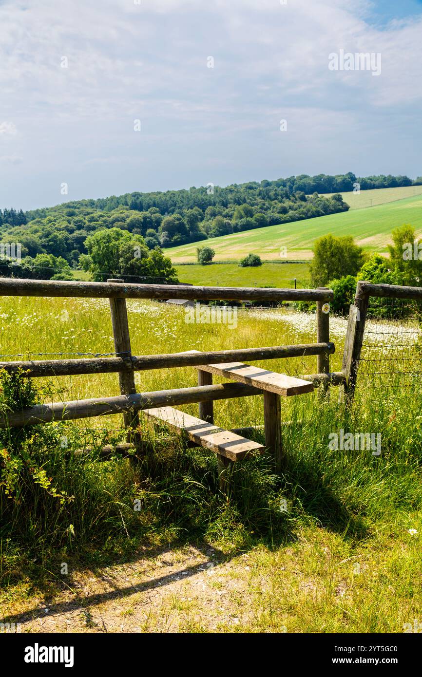 Steigen Sie über einen Zaun in der Landschaft, entlang eines Wanderweges in der Nähe von Wendover, Buckinghamshire, England Stockfoto Steigen Sie über einen Zaun in der Landschaft, entlang eines Wanderweges in der Nähe von Wendover, Buckinghamshire, England Stockfoto