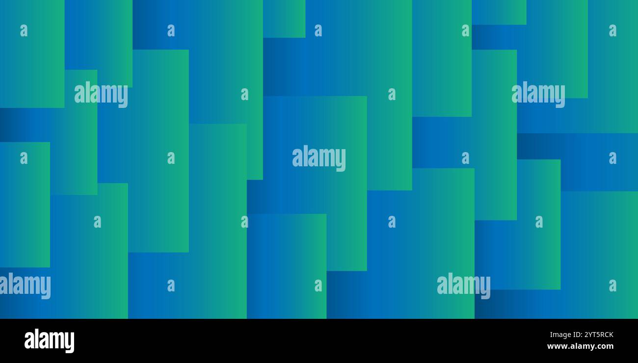 Einfache überlappende rechteckige, gekachelte Rahmen verschiedener Größen, in Blau und Grün eingefärbt – geometrisches Formmuster, Verlaufstextur auf breiter Rückseite Stock Vektor