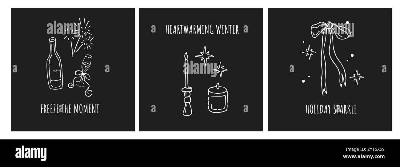 Trendiges Kritzelkarten-Set für Winterfeier. Handgezeichnetes Vektor-Retro-Schwarz-weiß-Design. Stock Vektor