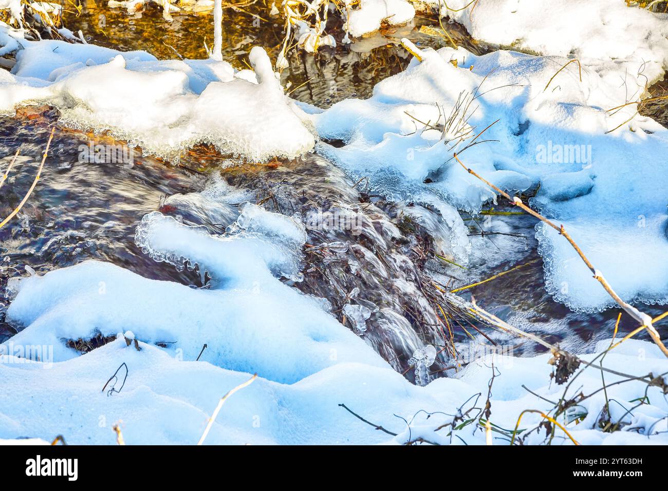 Landschaftsfoto eines nicht gefrorenen Flusses mit schneller Strömung und Stromschnellen an düsteren kalten Wintertagen Stockfoto