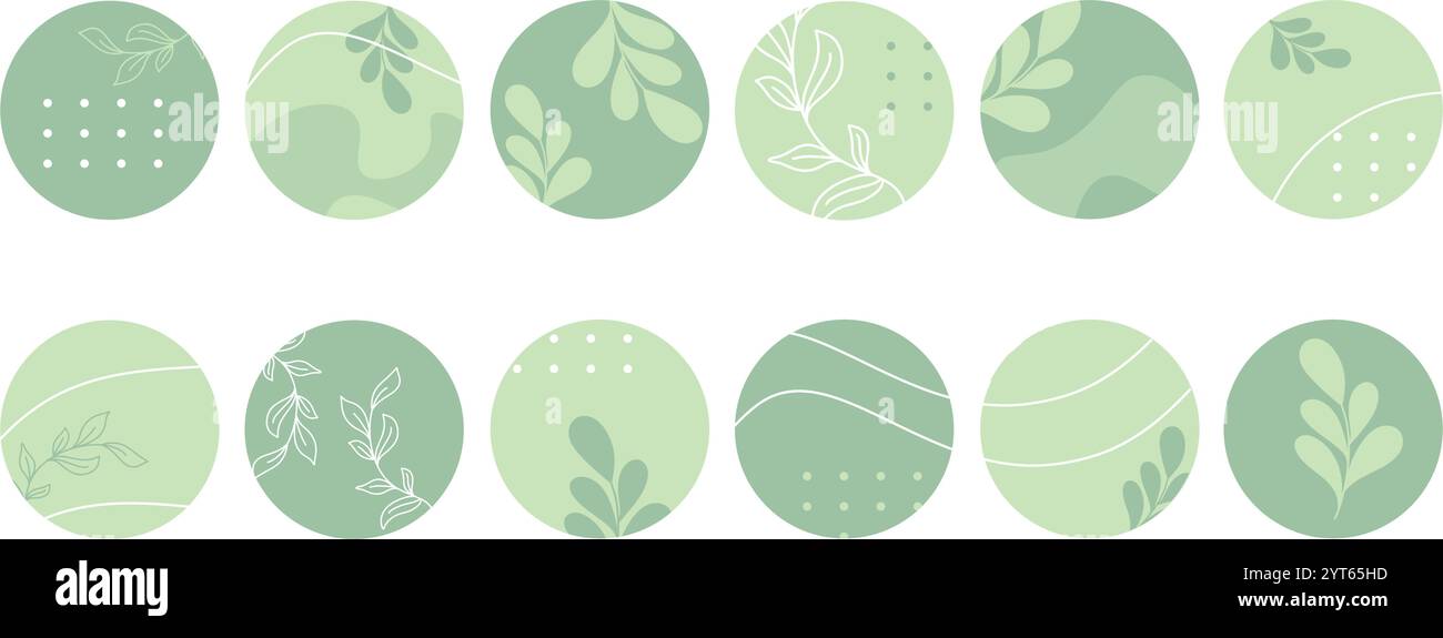 Frühlingsgrün neutrales minimales Instagram-Highlight-Set. Runde Symbole mit botanischen Motiven für Laden, Blog und soziale Netzwerke. Vektorgrafiken Stock Vektor