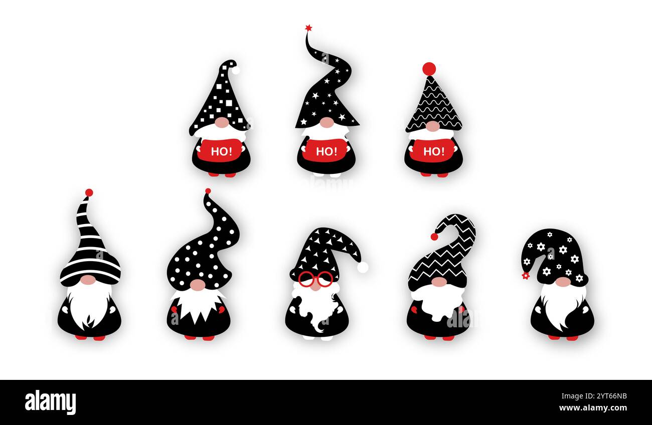 Festliche Weihnachten, Set skandinavischer Zwerg, süße Weihnachtsmänner, Ho Ho Ho Elf. Vektor-Clipart isoliert für Karte Xmas Elements Design Stock Vektor