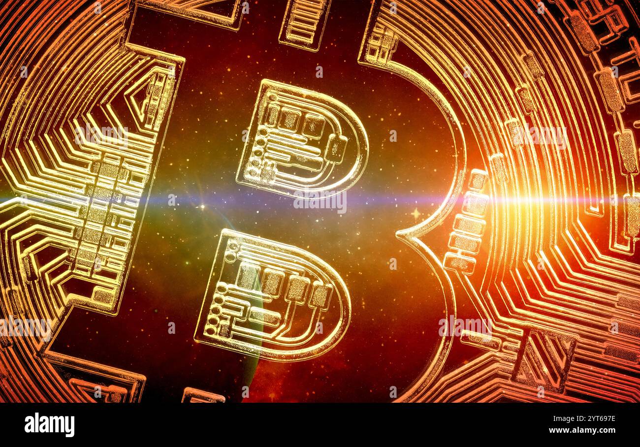Atemberaubendes Bild eines goldenen Bitcoins. Erfassen Sie die komplizierten Details der ikonischen physischen Darstellung der digitalen Kryptowährung Stockfoto