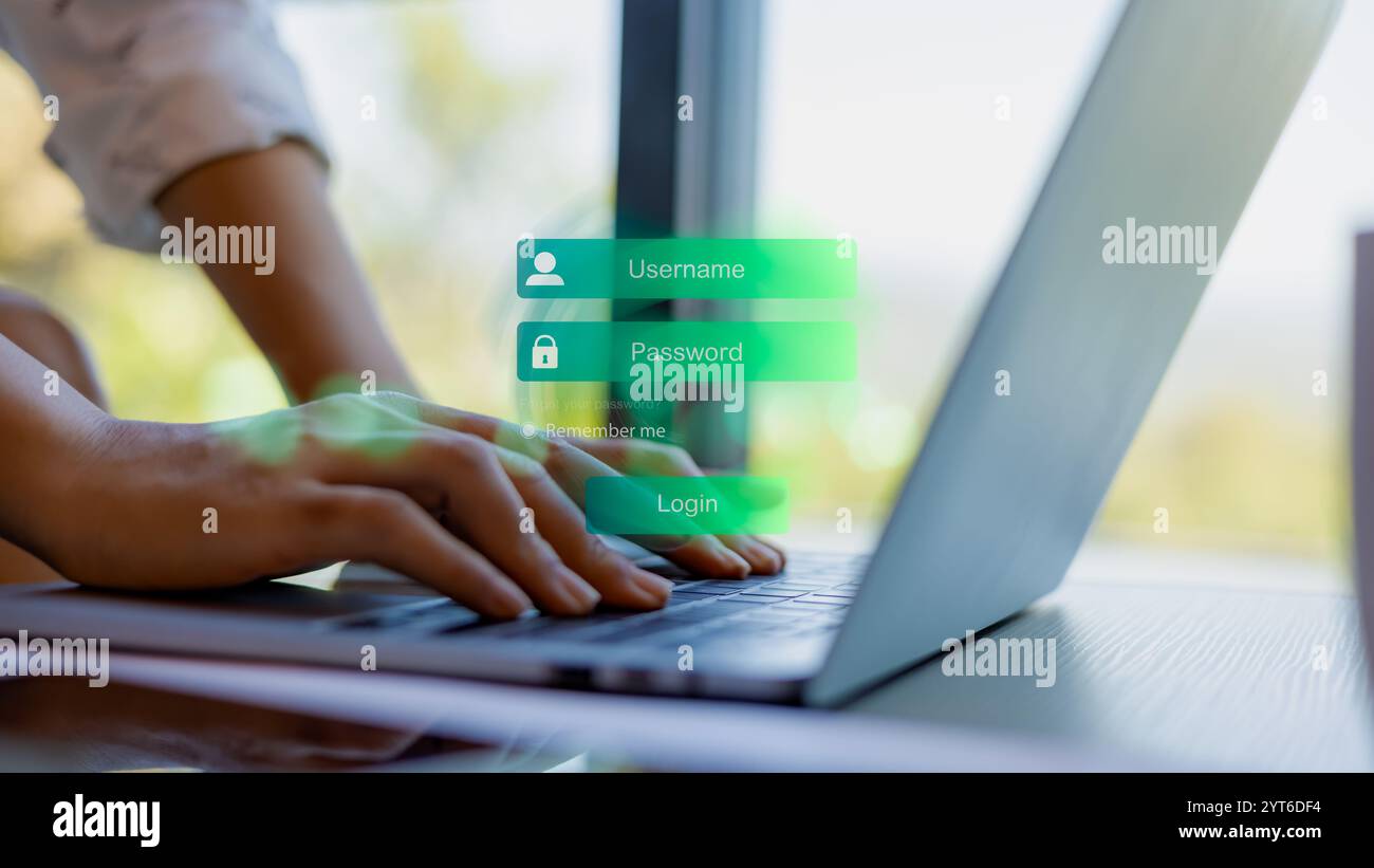 Geschäftsfrau gibt einen Text im Anmeldefenster ein, Cybersecurity Concept Globale Netzwerksicherheitstechnologie, sicherer Zugriff auf persönliche Benutzerdaten, Secu Stockfoto