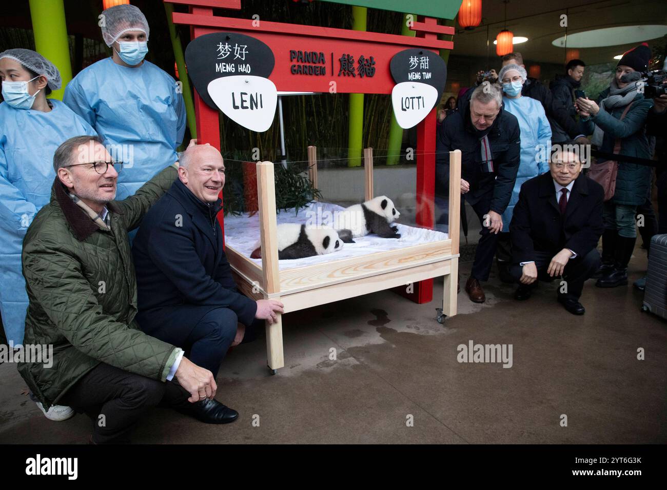 Panda-Zwillinge, Taufpatenschaft im Zoologischen Garten, Berlin, 06.12.2024 Dr. Andreas Knieriem Zoo- und Tierpark-Direktor, Kai Wegner Regierender Bürgermeister von Berlin und S.E. Herr Deng Hongbo Außerordentlicher und bevollmächtigter Botschafter der Volksrepublik China in der Bundesrepublik Deutschland bei der feierlichen Namensverkündung des Panda-Nachwuchses im Zoologischen Garten Berlin. Die Namen der Panda-Zwillinge lauten Leni und Lotti, ihre offiziellen chinesischen Namen sind Meng Hao und Meng Tian. Die chinesische Tradition erhalten die am 22.08.2024 geborenen Pandaby Stockfoto