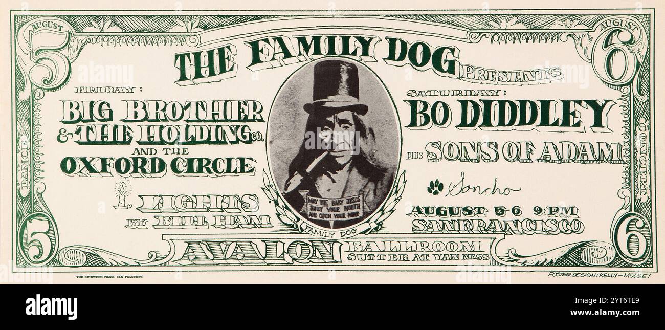 Dollar Bill - San Francisco Konzertposter für Big Brother and the Holding Company mit Janis Joplin, Bo Diddley, The Oxford Circle und Sons of Adam 1966 - Kunstwerk von Kelly-Mouse Stockfoto