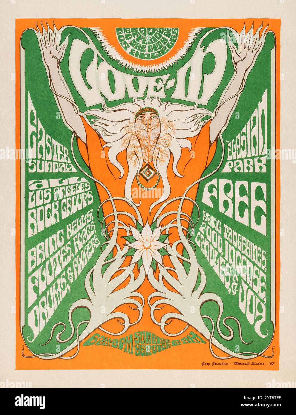 Flower Power Poster - Love-in, März 1967, Elysian Park, Los Angeles Event - Konzertposter, Kunstwerk von Grimshaw Stockfoto