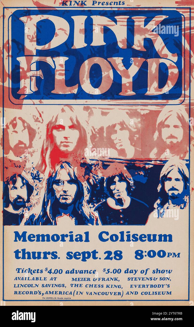 Pink Floyd - Roger Waters, David Gilmour - 1972 Memorial Coliseum, Portland, Oregon - Vintage-Konzertposter. Stockfoto