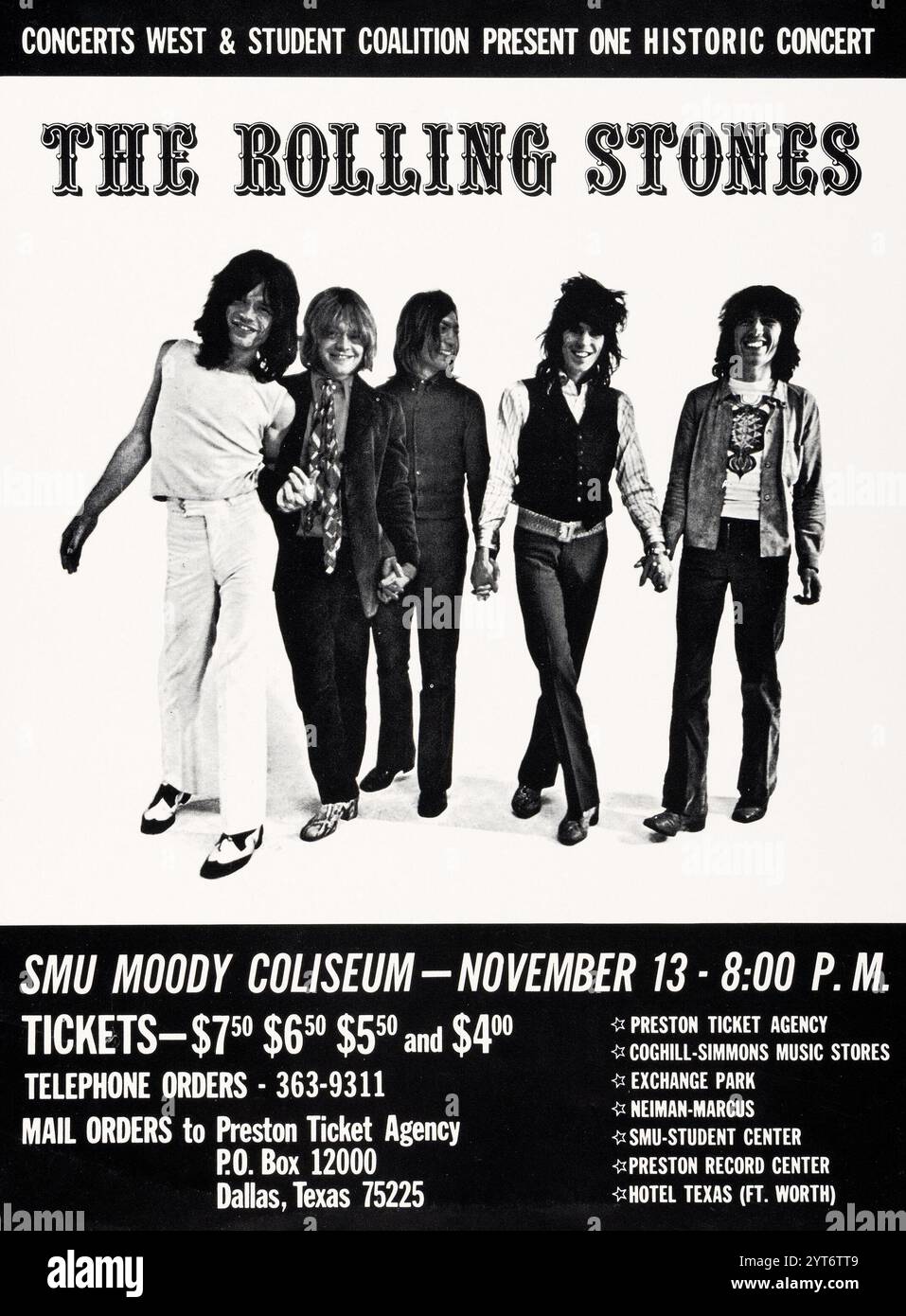 The Rolling Stones 1969 - SMU Moody Coliseum, Dallas, Texas Konzertflyer einschließlich Brian Jones Stockfoto