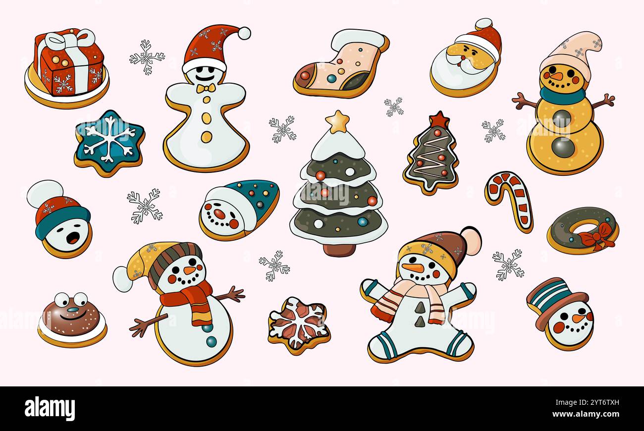 Weihnachtsplätzchen-Set. Süße Kekse in verschiedenen Versionen, im Cartoon-Stil. Vektorabbildung Stock Vektor