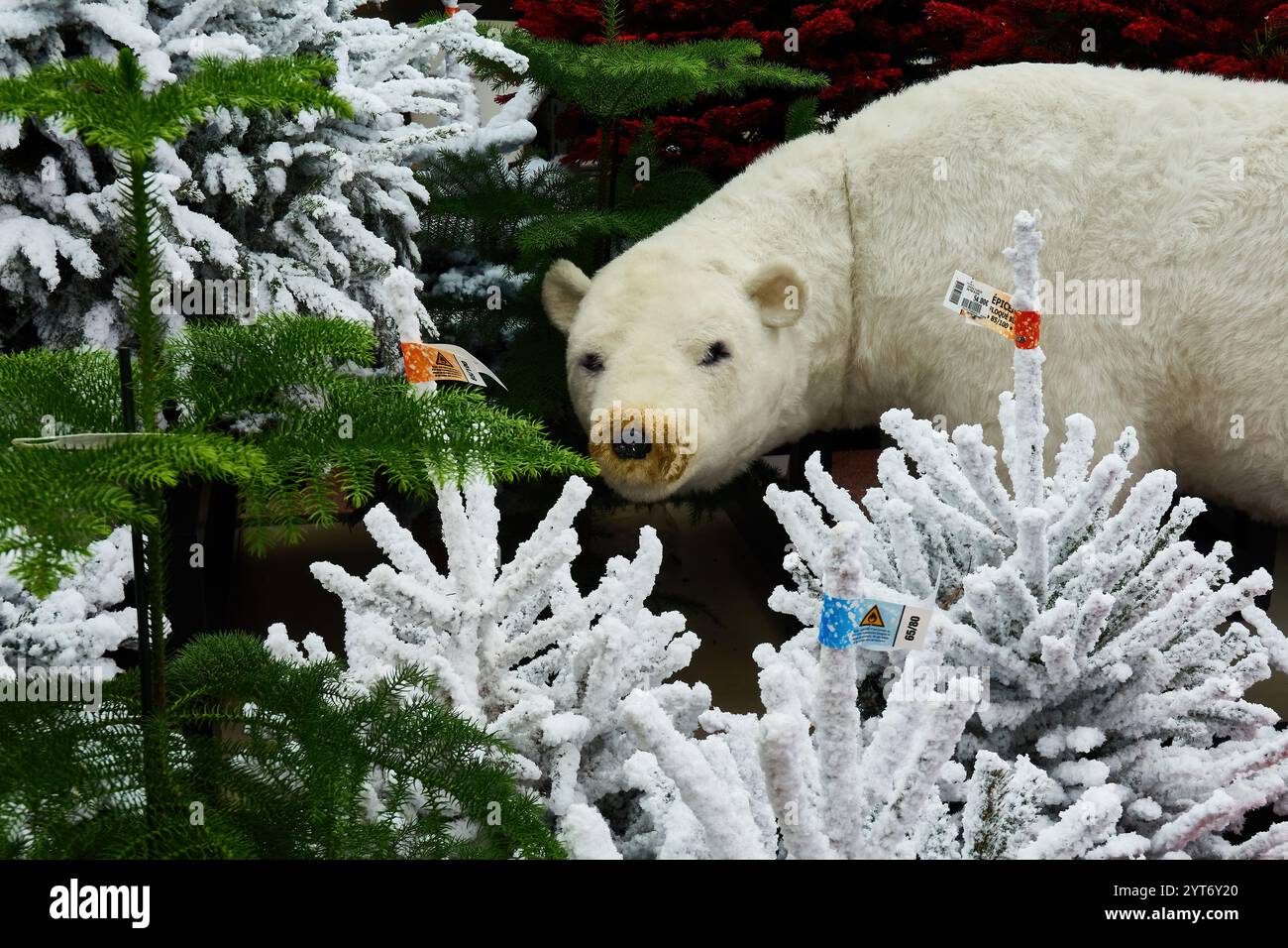 Eisbärenfigur Inmitten Künstlicher, Verschneite Weihnachtskiefern Stockfoto