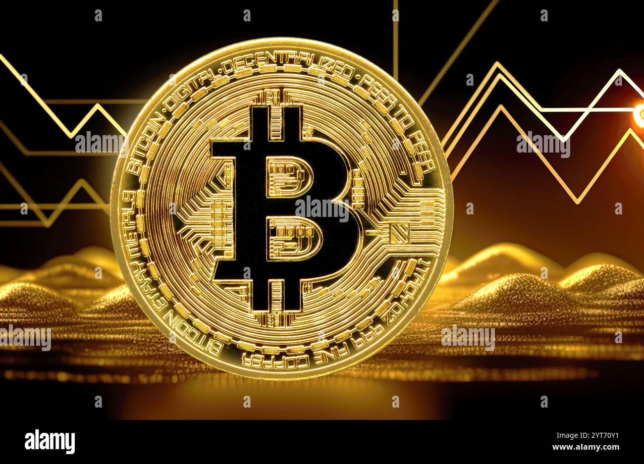 Atemberaubendes Bild eines goldenen Bitcoins. Erfassen Sie die komplizierten Details der ikonischen physischen Darstellung der digitalen Kryptowährung Stockfoto