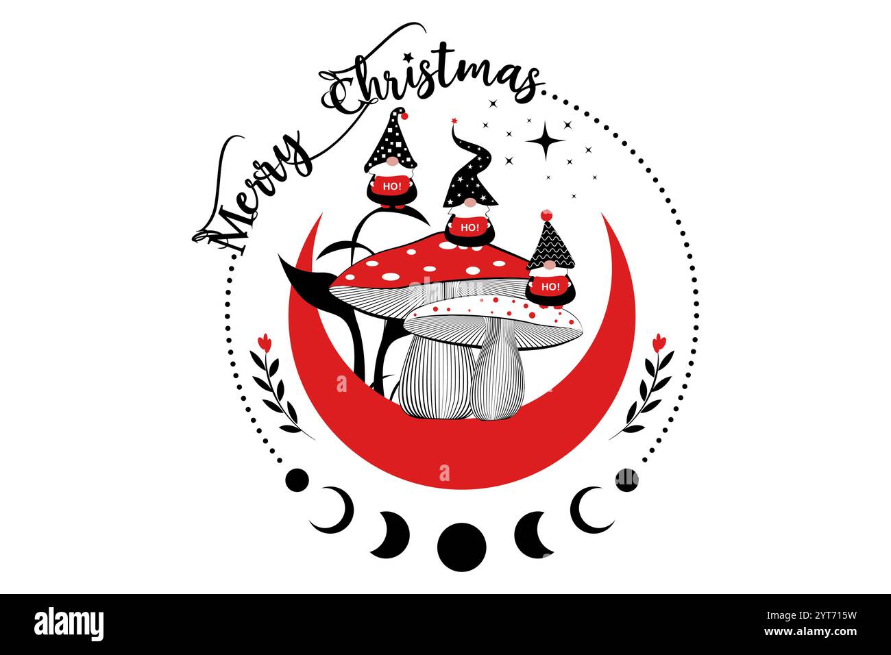 Weihnachtsfeiertage, magische Gnome in den mystischen Pilzwäldern auf Mondsichel und Sternen. Santa Elf HO HO HO HO HO. Hexenpilz und Mond Stock Vektor