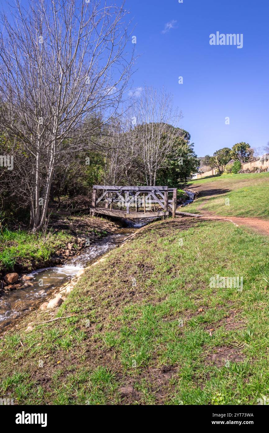 Pfad mit Holzbrücke über einen kleinen Fluss, der durch wunderschöne Gärten inmitten grüner Vegetation verläuft, Kapstadt, Südafrika Stockfoto