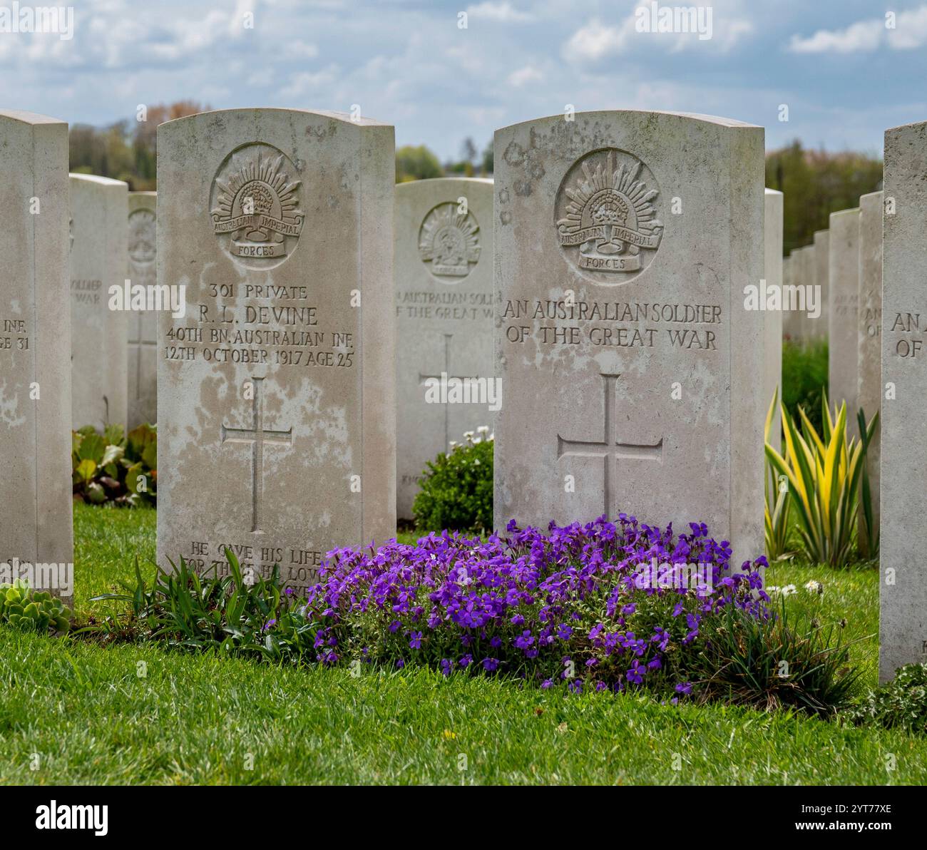 Zonnebeke - Passendale, Tyne Cot Commonwealth war Graves Cemetery und Memorial to the Missing, entworfen von Sir Herbert Baker, ein Militärfriedhof für die Soldaten aus Commonwealth-Ländern, die im Ersten Weltkrieg um Ypern ab 1917 starben. Grabsteine australischer Soldaten Stockfoto