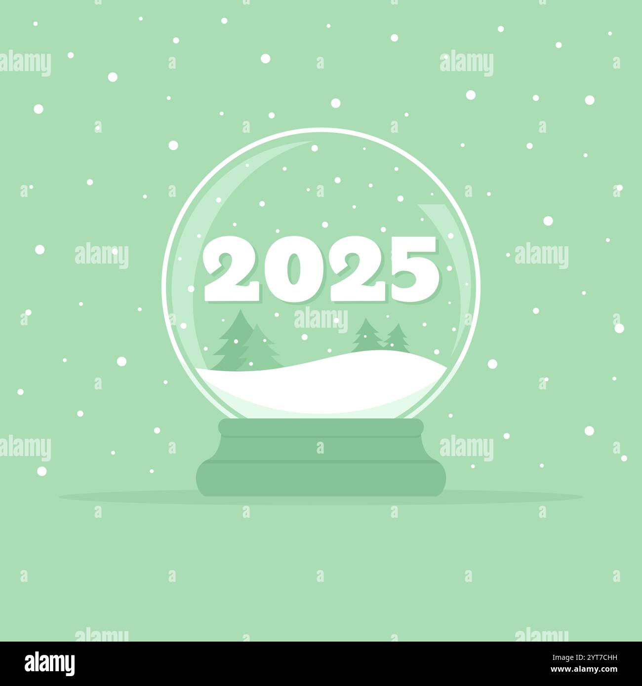 Silvester-Glaskugel mit der Zahl 2025 und Tannen auf einem Schnee auf einem grünen, schneebedeckten Hintergrund. Illustration der Vektorabwicklung Stock Vektor